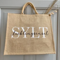 Jute-Shopper Lieblingsinsel Sylt schwarz-weiß bedruckt
