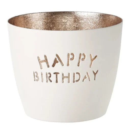Windlicht Madras Happy Birthday weiß-goldfarben mittel